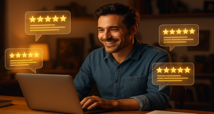 Indie author smiling at laptop with glowing review stars